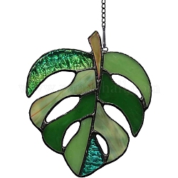 Plant Acrylic Leaf Window Hanging Decorations, with Iron Chains and Hook, for Home Garden Decor, Green, 137x112mm