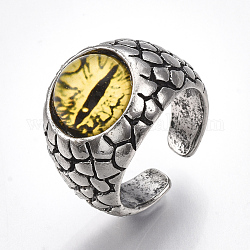 Alloy Glass Cuff Finger Rings, Wide Band Rings, Dragon Eye, Antique Silver, Yellow, Size 9, 19mm