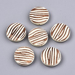 Painted Natural Wood Beads, Laser Engraved Pattern, Flat Round with Zebra-Stripe, Light Yellow, 20x5mm, Hole: 1.5mm