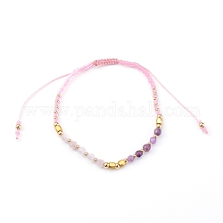 Bracelets réglables de perles tressées avec cordon en nylon, avec quartz rose naturel et perles d'améthyste, perles de rocaille en verre et perles en laiton, or, diamètre intérieur: 2-1/8~3-1/2 pouce (5.5~9 cm)