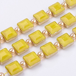 Opache perle di vetro fili, con accessori di ottone, sfaccettato, quadrato, oro, 13x13x8mm, Foro: 1 mm, circa 10pcs/filo, 7.2 pollici (18.3 cm)