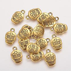 Mexico Holiday Day of the Dead Sugar Skull Tibetan Style Alloy Metal Pendants, For Mexico Holiday Day of the Dead, Lead Free & Cadmium Free, Antique Golden, 18x12x3mm, Hole: 2mm