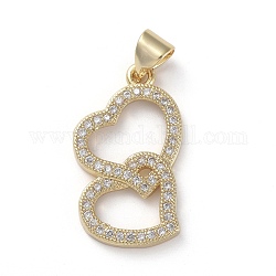 Brass Micro Pave Cubic Zirconia Pendants, Heart to Heart, Clear, Golden, 22.5x13x2mm, Hole: 3x4mm