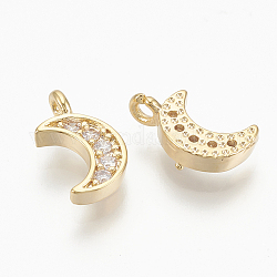 Brass Micro Pave Cubic Zirconia Charms, Moon, Nickel Free, Real 18K Gold Plated, Clear, 9.5x5x1.5mm, Hole: 1mm
