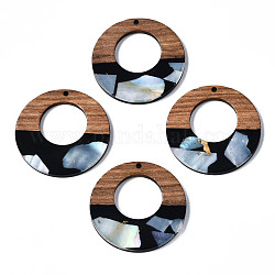 Opaque Resin & Walnut Wood Pendants, with Shell Chips, Two Tone, Donut, Black, 38x3mm, Hole: 2mm