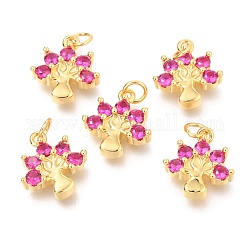 Brass Micro Pave Purple Cubic Zirconia Charms, with Jump Rings, Flower, Real 18K Gold Plated, 12x11x3.2mm, Hole: 2.6mm