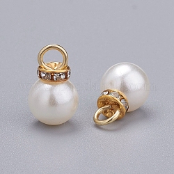 Pendentif perle acrylique, avec strass en cristal et boucle en fer doré, ronde, blanc, 19.5x12mm, Trou: 4.5mm