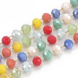 Handmade Glass Beaded Chains, Soldered, with Brass Findings, Faceted, Round, Colorful, Real 18K Gold Plated, 4mm