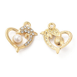 Alloy Pendants, with Crystal Rhinstone and ABS Plastic Imitation Pearl, Heart with Dolphin Charm, Lead Free & Cadmium Free, Light Gold, 20x15x5.5mm, Hole: 1.8mm