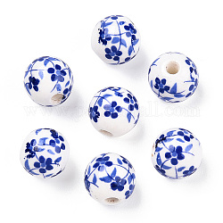 Handmade Porcelain Beads, Blue and White Porcelain, Round with Flower, Blue, 8mm, Hole: 1.8mm