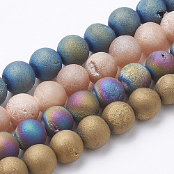 Electroplate Natural Druzy Geode Weathered Agate Beads Strands, Frosted, Dyed, Round, Mixed Color, 10~10.5mm, Hole: 1.5mm, about 40pcs/strand, 15.5 inch
