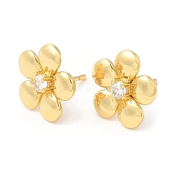 Brass Flower Stud Earrings with Clear Cubic Zirconia, Lead Free & Cadmium Free, Real 18K Gold Plated, 13x13.5mm