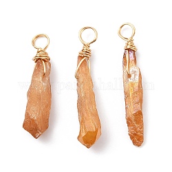 Electroplated Raw Rough Natural Quartz Crystal Copper Wire Wrapped Pendants, Copper Plated Teardrop Charms, Light Gold, 28.5~35x7~12x4.5~7.5mm, Hole: 3.5mm