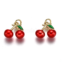 Brass Enamel Charms, Long-Lasting Plated, Real 18K Gold Plated, Cherry, Red, 11x13x5.5mm, Hole: 2.4mm