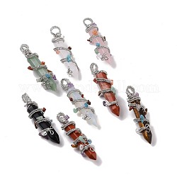 Natural & Synthetic Gemstone Pointed Big Pendants, with Platinum Plated Rack Plating Brass Findings and Mixed Stone Chip Beads, Cadmium Free & Lead Free, Faceted, Bullet Charm, Mixed Dyed and Undyed, 64~68x16~17x16~17mm, Hole: 7.5mm