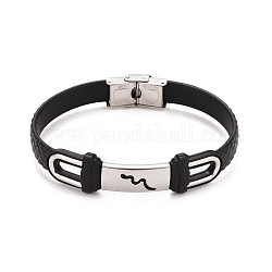 201 bracelet à maillons rectangulaires en acier inoxydable avec cordon en cuir pu pour homme femme, noir, motif de vagues, 9-1/8 pouce (23 cm)