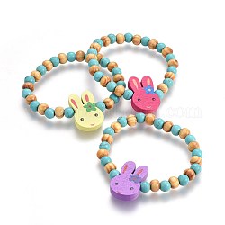 Braccialetti elasticizzati con perline di legno a forma di coniglietto per bambini, con turchese sintetico, testa di coniglio, colore misto, 1-5/8 pollice (4.2 cm)