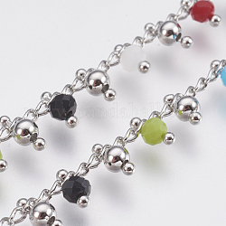 3.28 Feet Handmade Brass Link Curb Chains, Soldered, with Faceted Glasses Beads, Platinum, Colorful, 7.5mm
