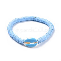 Bracelets élastiques, avec des perles heishi en pâte polymère faites main et des perles en forme de cauris, lumière bleu ciel, 2 pouce (5.2 cm)