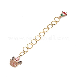 Brass Round Ring Knitting Row Counter Chains, with Alloy Enamel Pendants, Christmas Tree & Reindeer, Golden, 15.3cm