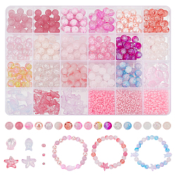 Nbeads DIY Beads Jewelry Making Finding Kit, Including Round & Fish & Starfish Glass & Cat Eye & Seed Beads, Imitation Pearl & Imitation Jade & Crackle, Pink
