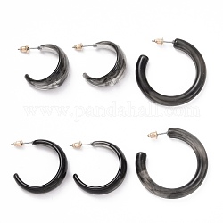 C-shape Stud Earrings, Resin Half Hoop Earrings, Open Hoop Earrings for Women, Black, 27~40.5x6~10.5mm, Pin: 0.8mm, 3 pairs/set