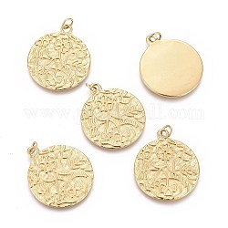 Ion Plating(IP) 304 Stainless Steel Pendants, with Jump Rings, Textured, Flat Round with Clover, Golden, 22x19x1mm, Hole: 3mm