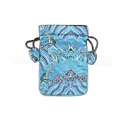 Stofftaschen mit Landschaftsdruck im chinesischen Stil, Kordelzugbeutel zur Schmuckaufbewahrung, Rechteck, Licht Himmel blau, 15x10 cm