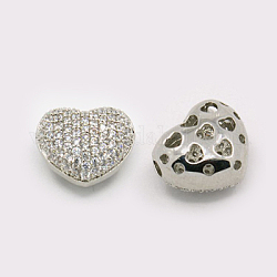 Ottone cuore vuoto zirconi perline, platino, 12x13.5x8mm, Foro: 1 mm