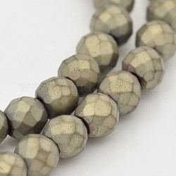 Round Non-magnetic Synthetic Hematite Beads Strands, Imitation Pyrite, Frosted, Faceted, Antique Bronze Plated, 8mm, Hole: 1mm, about 46pcs/strand, 16 inch