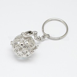 Brass Hollow Ball Cage Pendant Keychain, with Steel Split Key Rings, Lead Free & Nickel Free & Cadmium Free, Platinum, 86mm