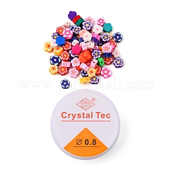 80 Stück 8 Farben handgefertigte Polymer Clay Perlen, Blume, mit rundem kristallelastischem Stretchfaden, Mischfarbe, 7~10x7~11x3~5 mm, Bohrung: 1.6 mm, 10 Stk. je Farbe