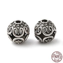 Perles 925 en argent sterling, rond et creux avec des fleurs, argent antique, 7.5mm, Trou: 1.6mm