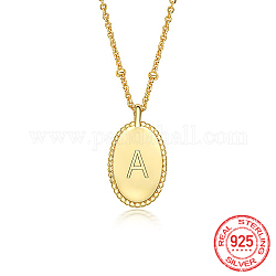 925 Sterling Silver Letter Initial Oval Pendant Necklaces for Women, with Cable Chains, Real 18K Gold Plated, Letter A, 15.75 inch(40cm)