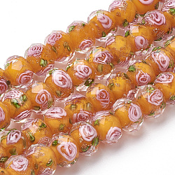 Handmade Gold Sand Lampwork Beads Strands, Inner Flower, Faceted Rondelle, Dark Orange, 8x6mm, Hole: 2mm, about 70pcs/strand, 17.3 inch