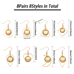 8 paires 8 styles de boucles d'oreilles en forme de dôme en verre blanc, losange & fleur & hexagone & coeur 304 boucles d'oreilles pendantes en acier inoxydable pour femme, or, 36~43mm, pin: 0.7 mm, 1 paire/style