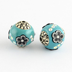 Round Handmade Indonesia Beads, with AB Color Rhinestones, Polymer Clay Flower and Alloy Cores, Antique Silver, Dark Turquoise, 15x14mm, Hole: 1.5mm