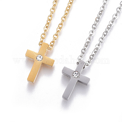304 Stainless Steel Pendant Necklaces, with Rhinestone and Cable Chains, Cross, Mixed Color, 17.7 inch(45cm), Pendant: 13x9x4mm