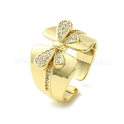 Brass Micro Pave Cubic Zirconia Open Cuff Rings, Bowknot, Real 16K Gold Plated, Inner Diameter: 17mm