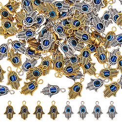 80 pièces 2 couleurs pendentifs main hamsa en alliage religieux, breloques en résine bleu mauvais œil, argent antique & or antique, 20x13x4mm, Trou: 2mm, 40 pcs / couleur