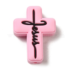 Perles de silicone, croix avec le mot jésus, rose, 30x22x8mm, Trou: 2.5mm