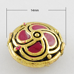 Flat Round Handmade Indonesia Beads, with Alloy Cores, Antique Golden, Medium Violet Red, 14x8mm, Hole: 1.5mm