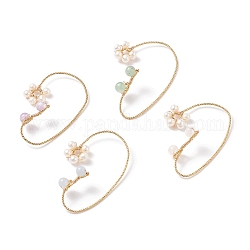 Natural Gemstone & Pearl Braided Flower Cuff Earrings, Gold Platd Brass Climber Wrap Around Earrings for Non Piercing, 58.5x37.5x1mm