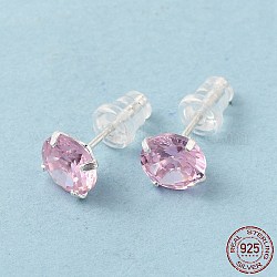 Boucles d'oreilles clous diamant zircone cubique, 925 bijoux en argent sterling pour femme, rose, 15~16x7mm, pin: 0.8 mm
