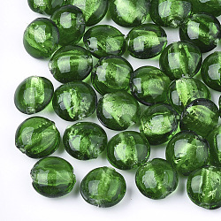 Ручная серебряная фольга стеклянные бусины Lampwork, плоско-круглые, зелёные, 12~13.5x11.5~13.5x7.5~8.5 мм, отверстие : 1~2 мм