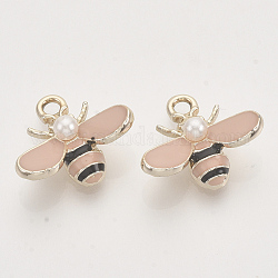 Pendentifs d'émail en alliage, avec des perles en plastique imitation perle abs, or clair, abeille, rose, 15x17.5x6mm, Trou: 2mm