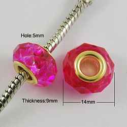 Glass European Beads, with Golden Plated Brass Double Cores, Faceted, Rondelle, Deep Pink, 14x9mm, Hole: 5mm