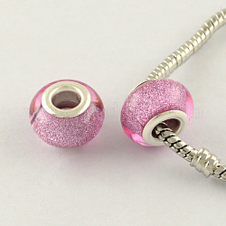 Perline europei grande resina buco, con colore argento placcato ottone doppie core, rondelle, perla rosa, 14x9mm, Foro: 5 mm