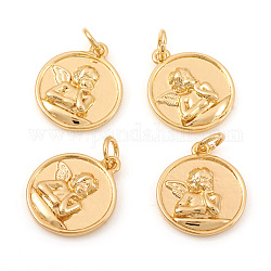 Brass Pendants, with Jump Rings, Flat Round with Angel, Real 18K Gold Plated, 16.5x14x3mm, Hole: 3mm