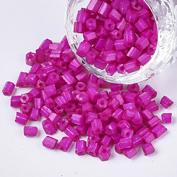 6/0 Two Cut Glass Seed Beads, Hexagon, Baking Paint, Magenta, 3.5~5x3.5~4mm, Hole: 1mm, about 4500pcs/bag